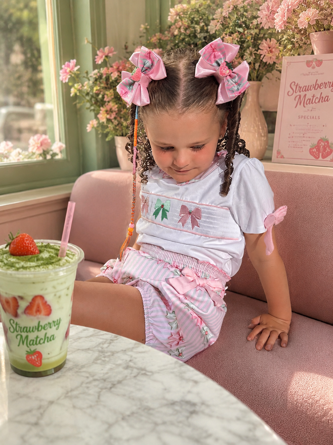 Strawberry Matcha Smocked Short Set